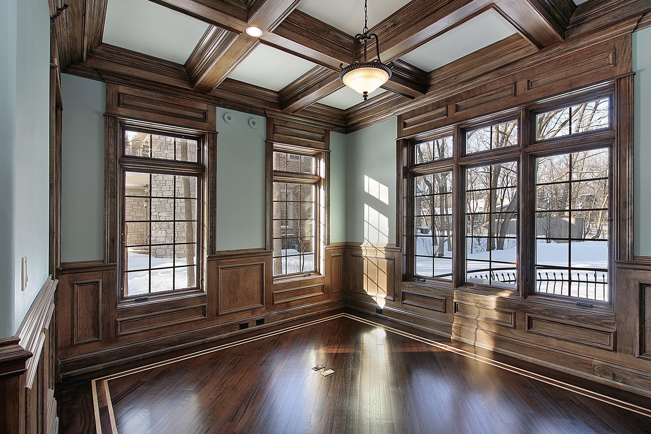 Stained oak coffered ceiling with matching wainscoting and window casings, Uniline project